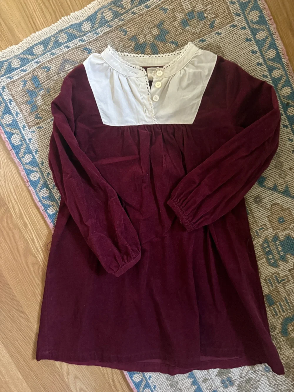 Olive Juice /Corduroy Long-Sleeve Dress in Burgundy with Contrast Yoke